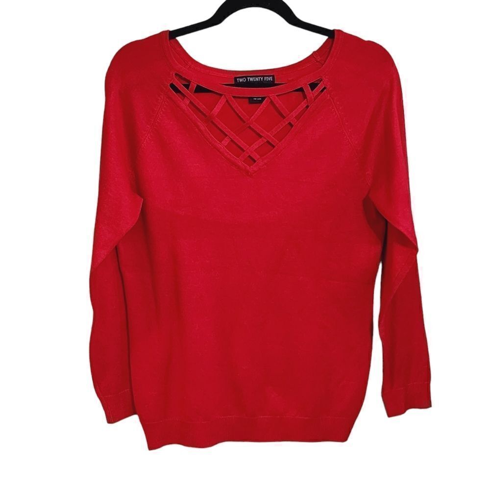 Two Twenty Five red sweater criss cross lattice neck sz M